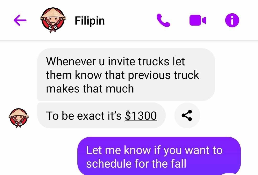Message from a past Silver Creek food truck reporting 1,300 dollars in sales