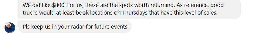 Message from a past Silver Creek food truck reporting about 800 dollars in sales and interest in returning