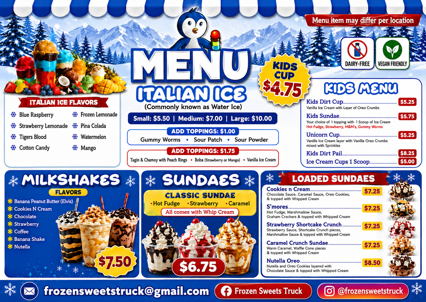 Menu for Frozen Sweets Truck