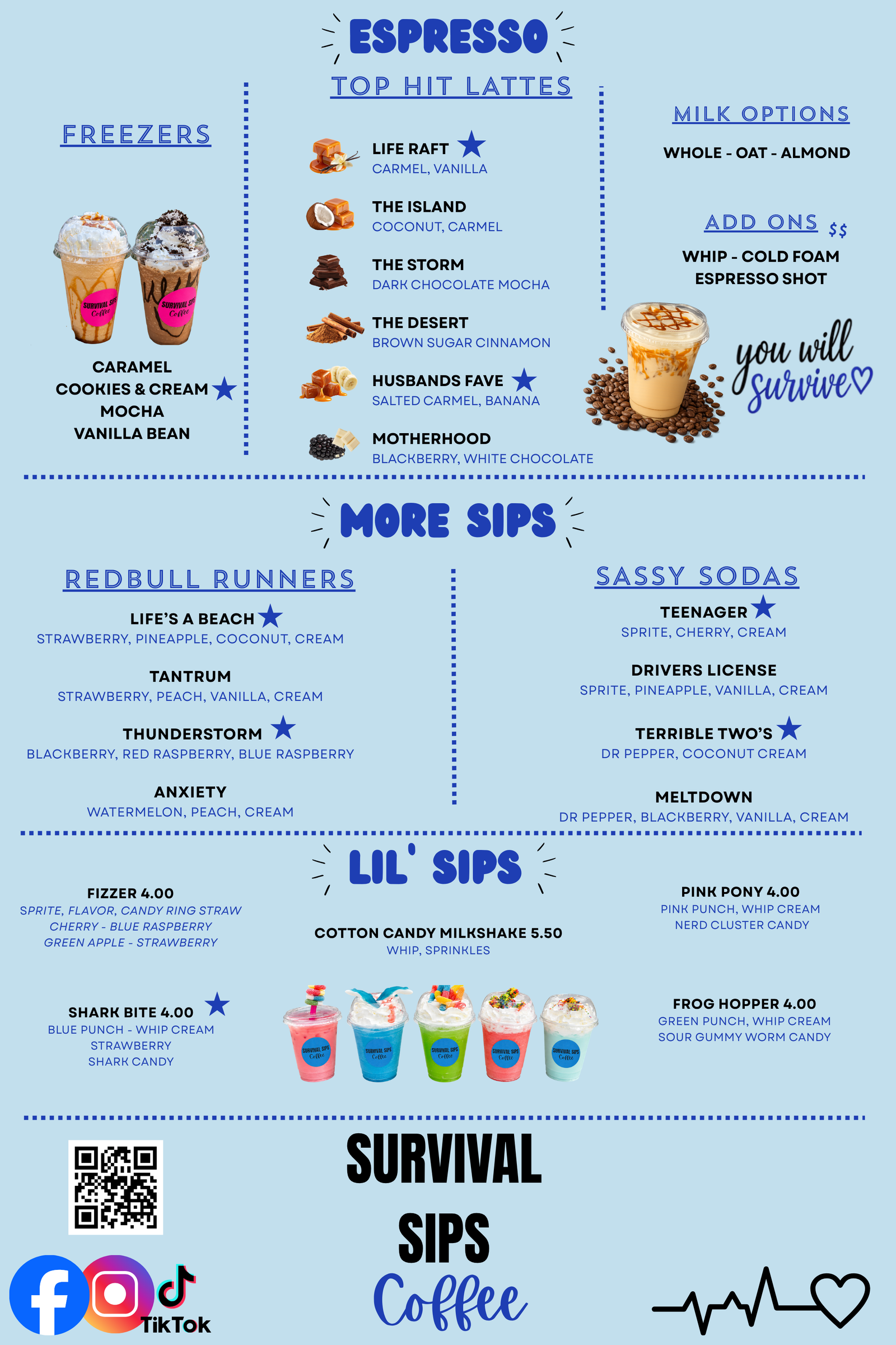 Menu for Survival sips coffee